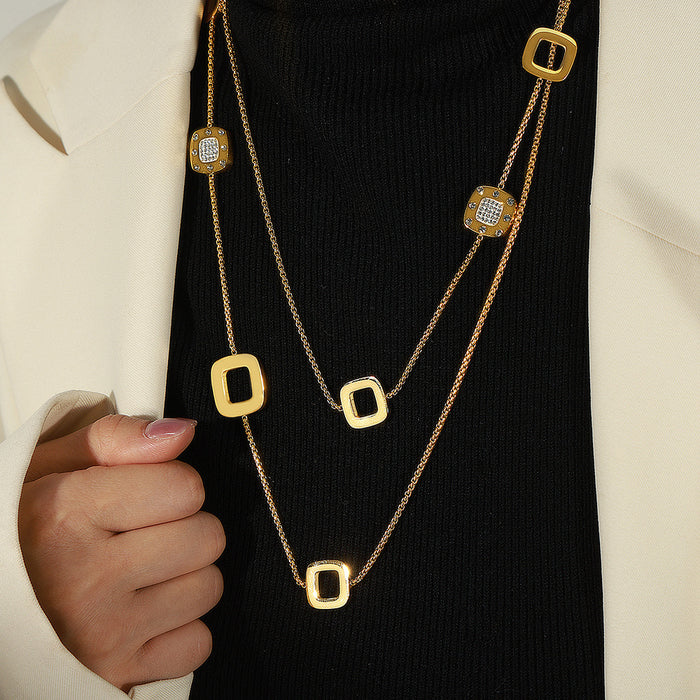 Long Gold Dual-Layer Sweater Chains Square Or Heart Stations