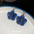 Deep Blue Crystal Layered Floral Statement Drop Earrings view 3