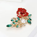 Red Rhinestone Rose Brooch Green Crystal Leaf Pearl Pin view 4