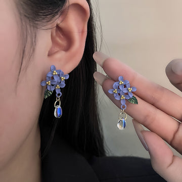 Blue Flower Clear Teardrop and Green Leaf Stud Earrings