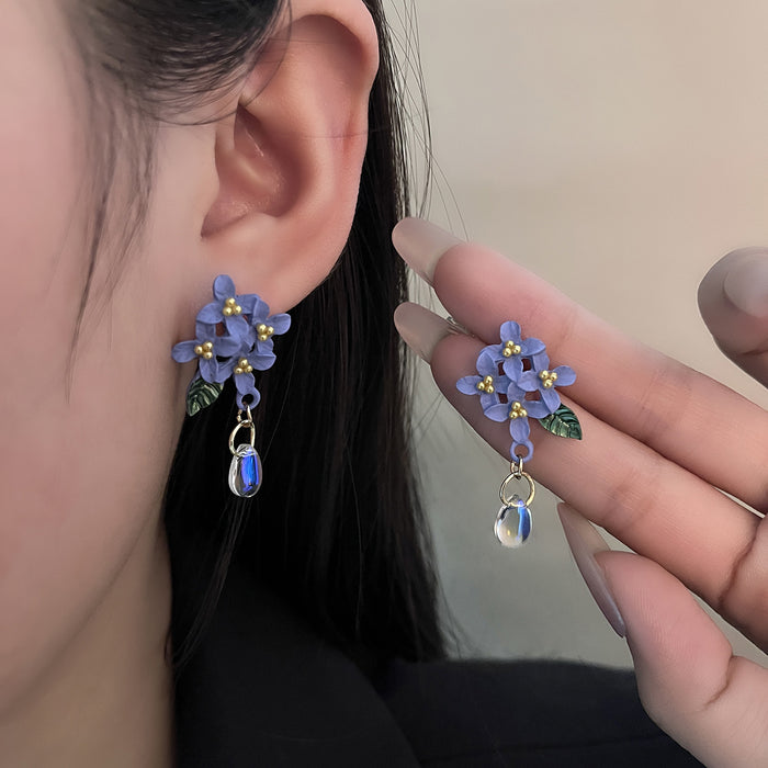 Blue Flower Clear Teardrop and Green Leaf Stud Earrings