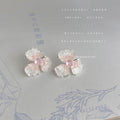 Silver Tone Clear Pink Textured Four Petal Flower Stud Earrings view 3