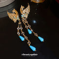 Phoenix and Blue Teardrop Tassel Earrings in Gold Tone view 4