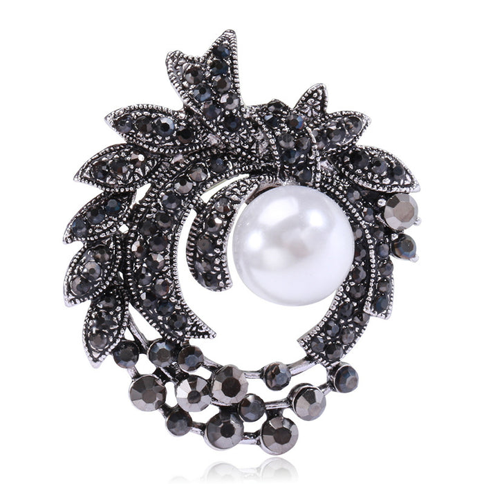 Black Floral Leaf Brooch with Faux Pearl Center Decorative Lapel Pin
