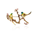 Two Enamel Birds on Gold Branch Brooch Pink Blossom Pin view 1