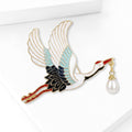 Gold Enamel Red Crowned Crane Brooch Pearl Drop Pin view 3