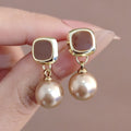 Brown Square Pearl Look Gold Tone Dangle Stud Earrings view 6