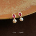 Gold Tone Pink Oval Stone And White Pearl Drop Stud Earrings view 3