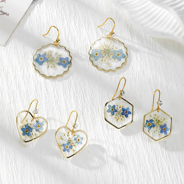 Gold Tone Blue Pressed Flower Drop Earrings in Three Geometric Shapes
