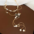 Gold Tone Layered Black Flower Pearl Drop Necklace view 6