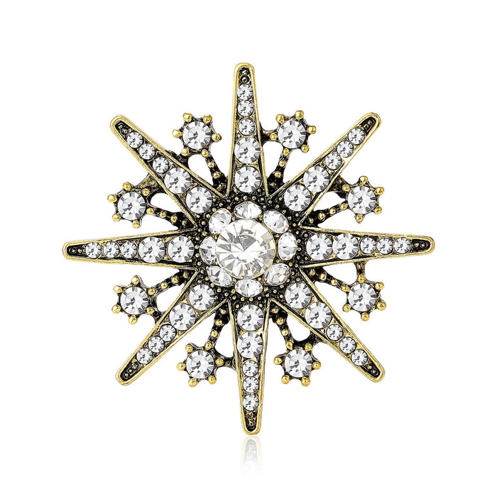 Rhinestone Snowflake Brooch Silver or Antique Gold Clear Stones