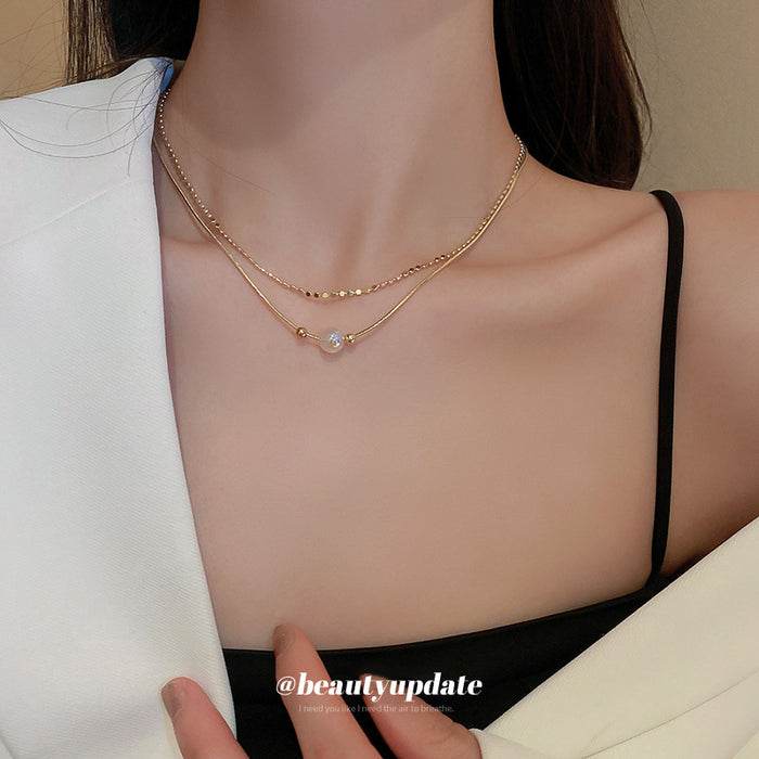 Gold Double Layer Iridescent Pearl Snake Chain Necklace