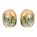 Gold Tone Green Blue Painted Floral Pearl Stud Earrings view 5