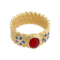 Gold Wide Band Ring Red Oval Cabochon Blue Enamel Flowers view 5