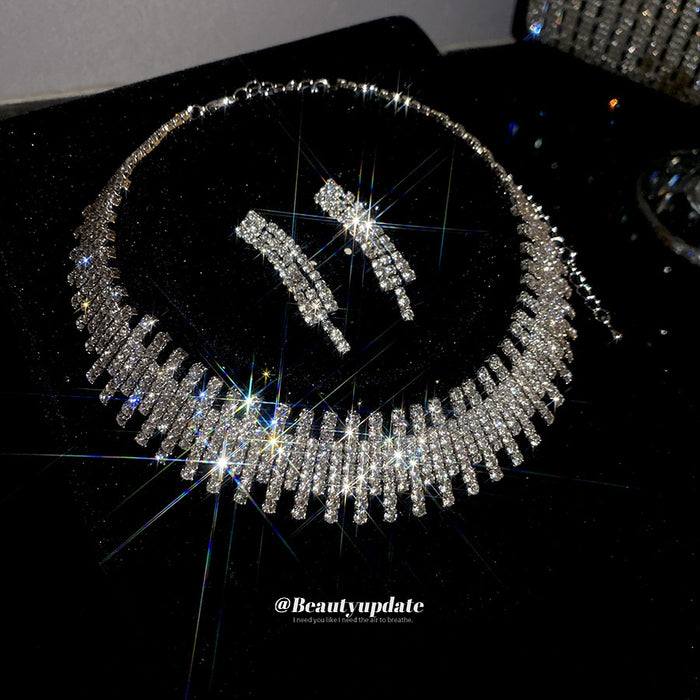 Silver Rhinestone Fringe Necklace Matching Tassel Drop Earrings