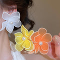 Sheer Petal Flower Stud Earrings with Pearl Centers view 4