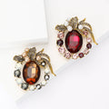 Vintage Oval Crystal Flower Brooch Magenta and Brown view 1