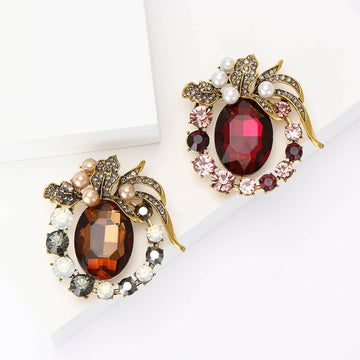 Vintage Oval Crystal Flower Brooch Magenta and Brown