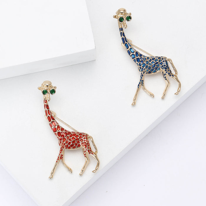 Blue or Red Enamel Giraffe Brooch with Crystal Spots