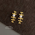 Gold Bamboo Branch Drop Earrings White Pearl Layered Pair view 4