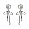 Silver Tone Pearl Like Bow Long Bar Drop Stud Earrings view 5