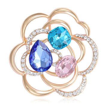 Rose Gold Openwork Flower Brooch Multicolor Crystal Pin