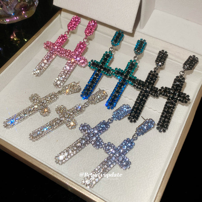 Crystal Cross Drop Stud Earrings In Five Colorways