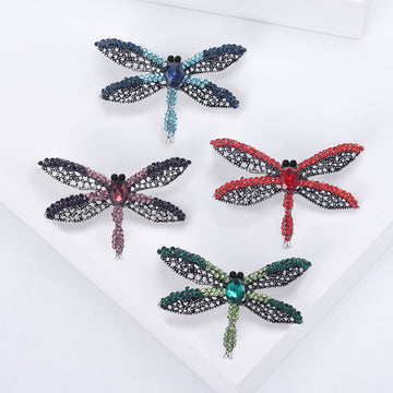 Dragonfly Brooch in Metal with Open Wings Set with Multicolor Crystals