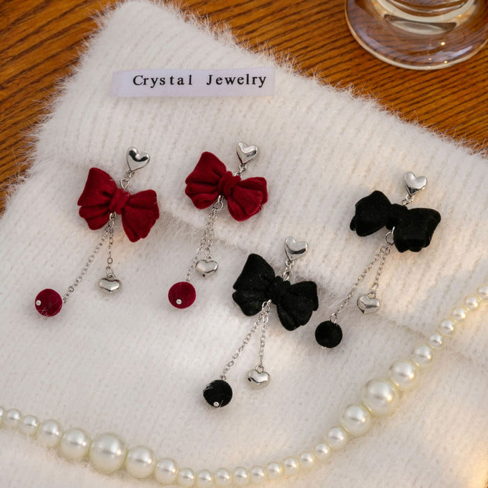 Black Flocked Bow Heart Chain Tassel Stud Earrings