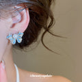 Blue Butterfly Stud Earrings with Pearl Like Centers and Crystals view 3