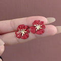 Red Enamel Look Flower Gold Tone Small Stud Earrings view 3