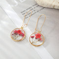 Gold Tone Round Clear Resin Pressed Flower Long Wire Earrings view 8