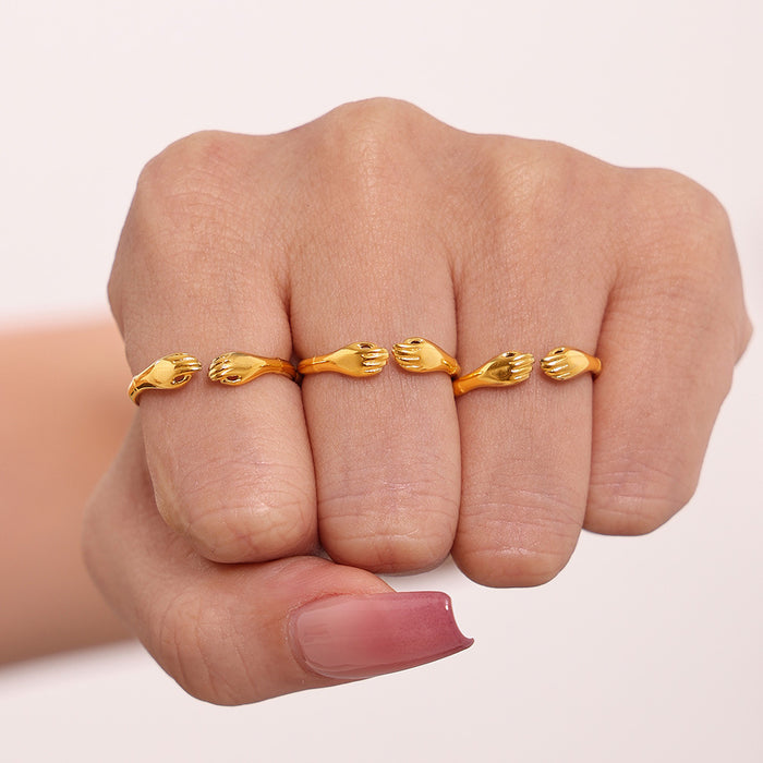 Open Adjustable Hugging Hands Ring Gold or Steel Tone Metal