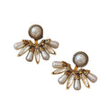 Antique Gold Tone Fan and Faux Pearl Stud Earrings view 4