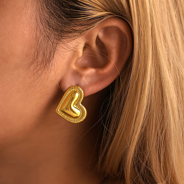 Ribbed Heart Stud Earrings Silver Gold Stainless Steel