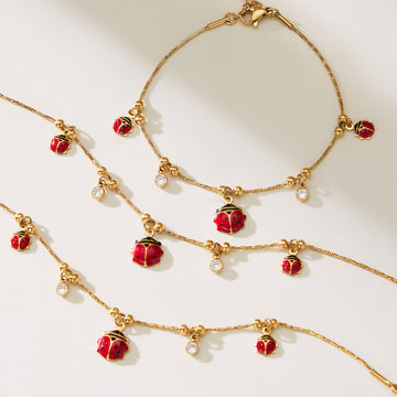 Gold Stainless Steel Enamel Ladybug Zircon Charm Necklace Bracelet
