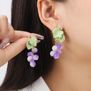 Green Leaf and Purple Grape Cluster Drop Earrings, Zinc Alloy