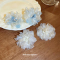 Blue And White Layered Mesh Flower Beaded Stud Earrings view 2