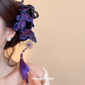 Purple Embroidered Multi Butterfly Claw Clip Tassel Drop