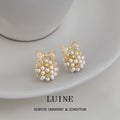 Gold Pave Bow Pearl Cluster Round Stud Earrings Pair view 3