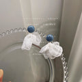 Blue Round Top White Sheer Fabric Petal Drop Stud Earrings view 4