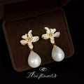 Gold Cream Enamel Flower Stud Pearl Teardrop Drop Earrings view 3