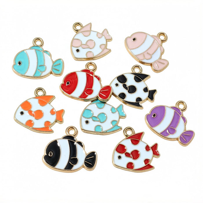 Colorful Enamel Tropical Fish Charms with Gold Tone Edges