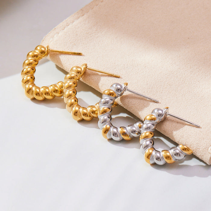 Twisted Bead Open C Hoop Earrings Gold Two-Tone Steel