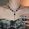 Silver Tone Blue Crystal Necklace And Earrings With Pearl Drops view 2