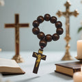 Dark Wood Bead Rosary Loop With Crucifix Pendant and Attached Hardware view 4