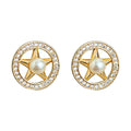 Gold Star Circle Pave Crystal Pearl Stud Earrings Pair view 5