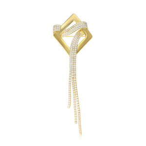 Gold Geometric Brooch With Long Chain Tassels With Polished Metal Detail