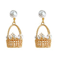 Gold Tone Pearl Like Flower Basket Drop Stud Earrings For Women view 5