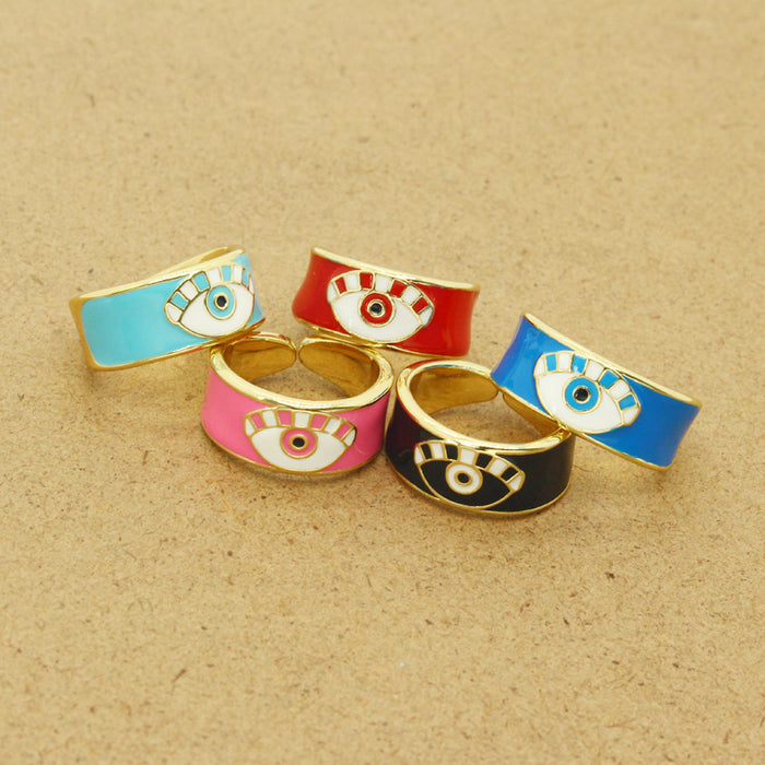 Gold Tone Wide Enamel Hamsa Evil Eye Adjustable Rings in Five Colors